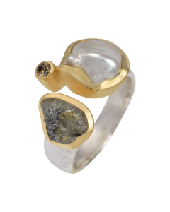Fabelhafter Ring mit Perle, Rohdiamant und Diamant, teilvergoldet