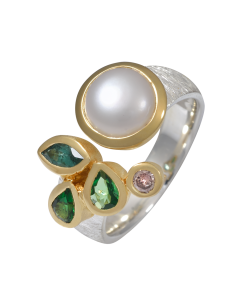 Harmonischer Ring mit Perle, Turmalin, Tsavorit und Diamant, vergoldet