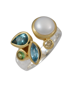 Fabelhafter Ring mit Perle, Tsavorit, Diamant und Indigolith Turmalin, teilvergoldet